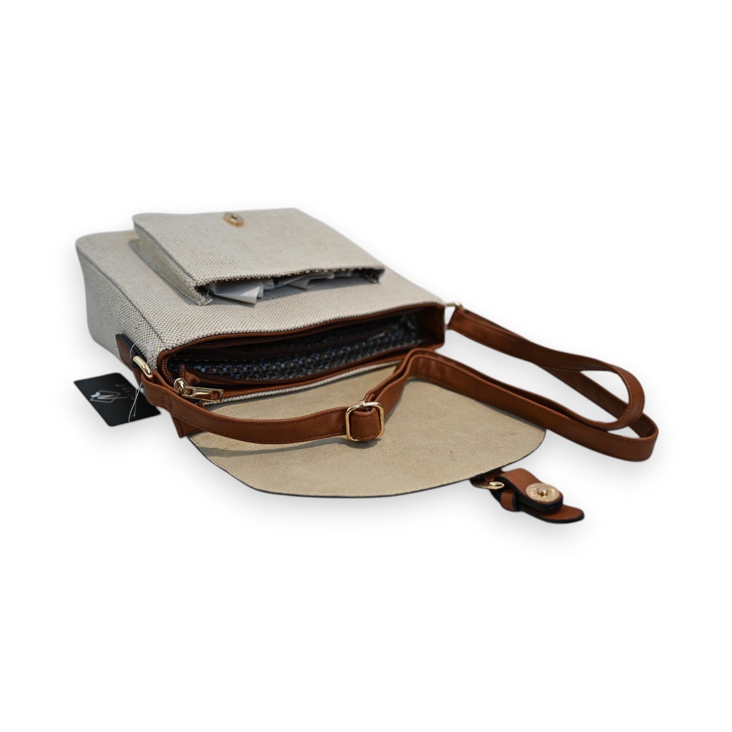 Elegante Umhängetasche aus beigem Leinen mit braunen Lederdetails, Goldverschluss und verstellbarem Schulterriemen