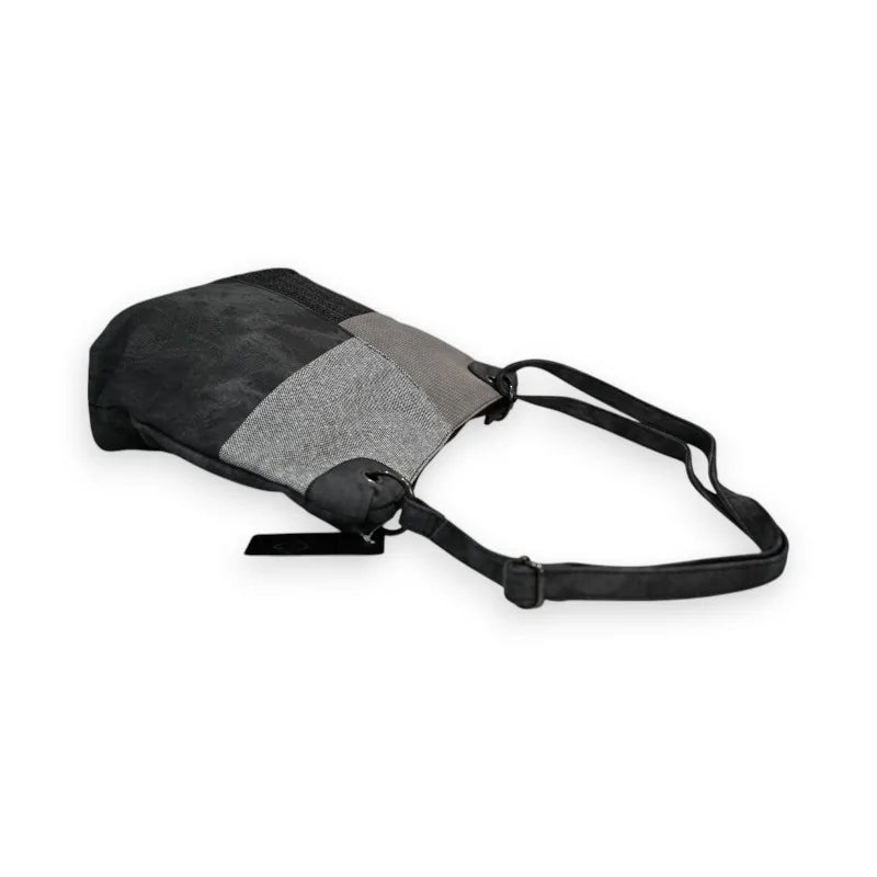 Graue und schwarze Patchwork-Umhängetasche, urbaner Stil mit verstellbarem Tragegurt