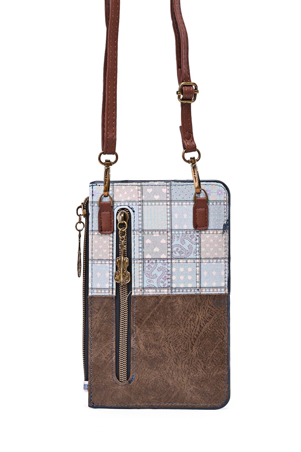 Patchwork-Umhängetasche mit Reißverschluss, braunem Leder und pastellfarbenem Muster, Schulterriemen aus Leder