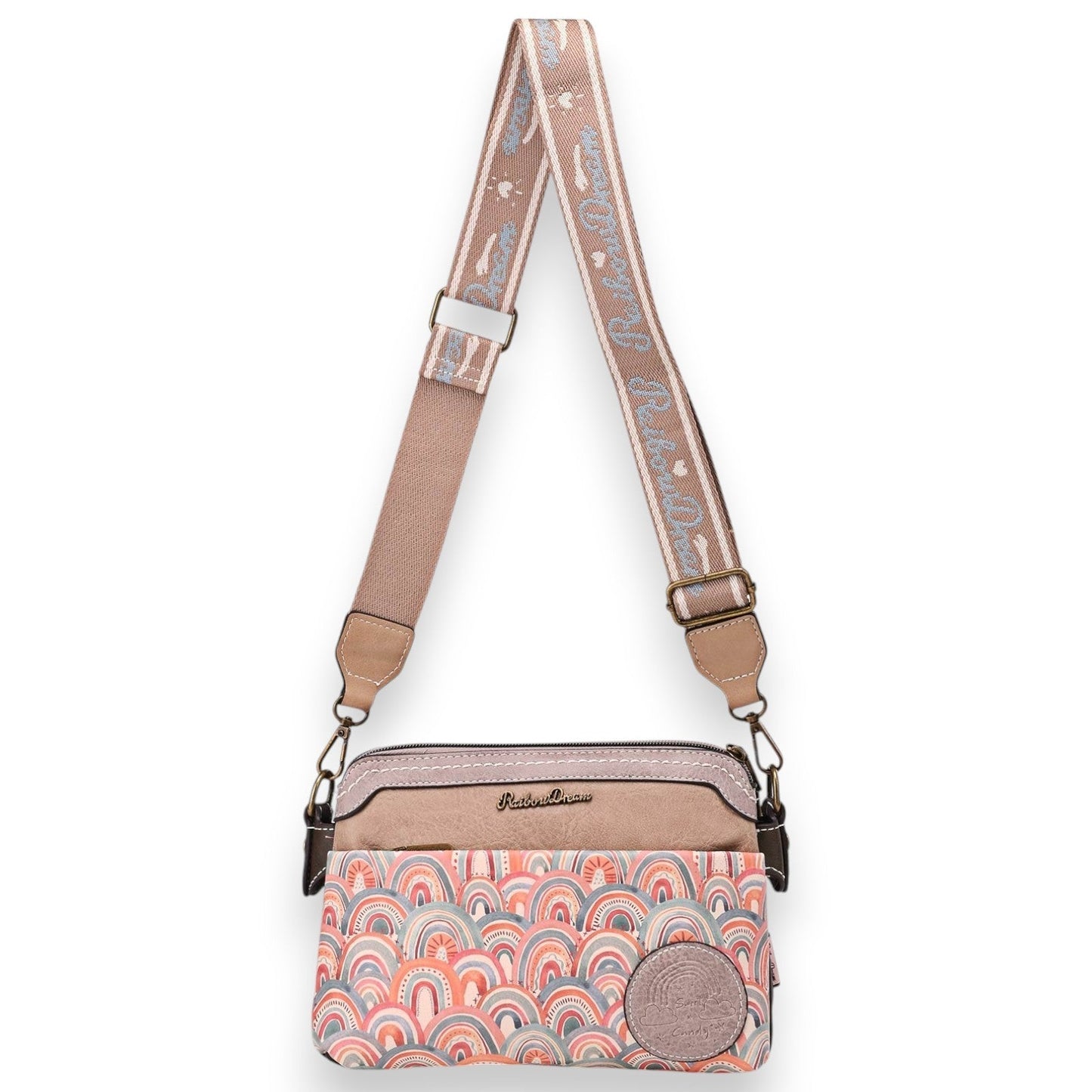 Stylische Umhängetasche mit Vintage-Muster, beigefarbenem Oberteil, breitem Trageriemen und Reißverschluss, urban-chic