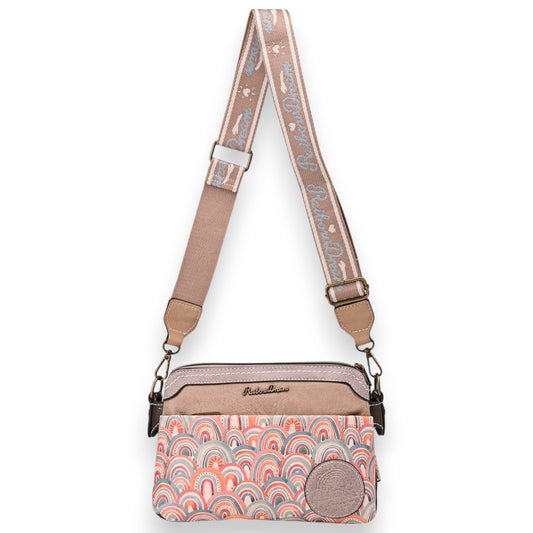 Stylische Umhängetasche mit Vintage-Muster, beigefarbenem Oberteil, breitem Trageriemen und Reißverschluss, urban-chic