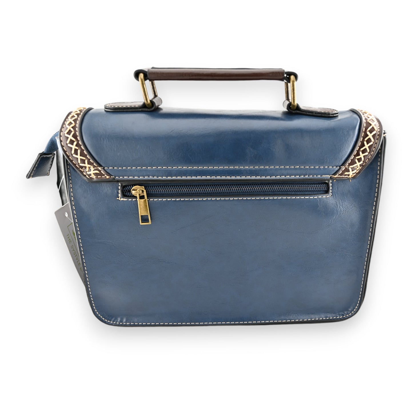 Vintage Aktentasche in Blau und Braun mit Golddetails, Reißverschluss und Ledergriffen, elegantes Design