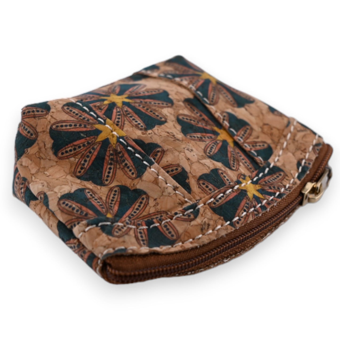 Kleine Vintage-Geldbörse aus Kork mit floralem Muster in Braun und Dunkelgrün, Reißverschluss, handgefertigt