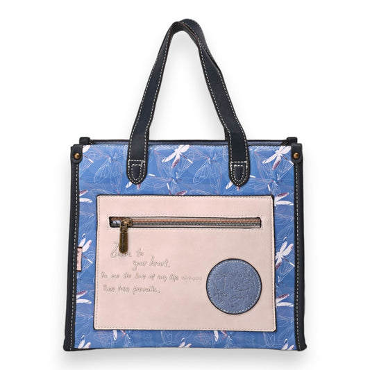 Vintage-Einkaufstasche mit Libellenmuster, rosa Tasche und Zitat. Elegantes Design von Sweet & Candy für Damen.