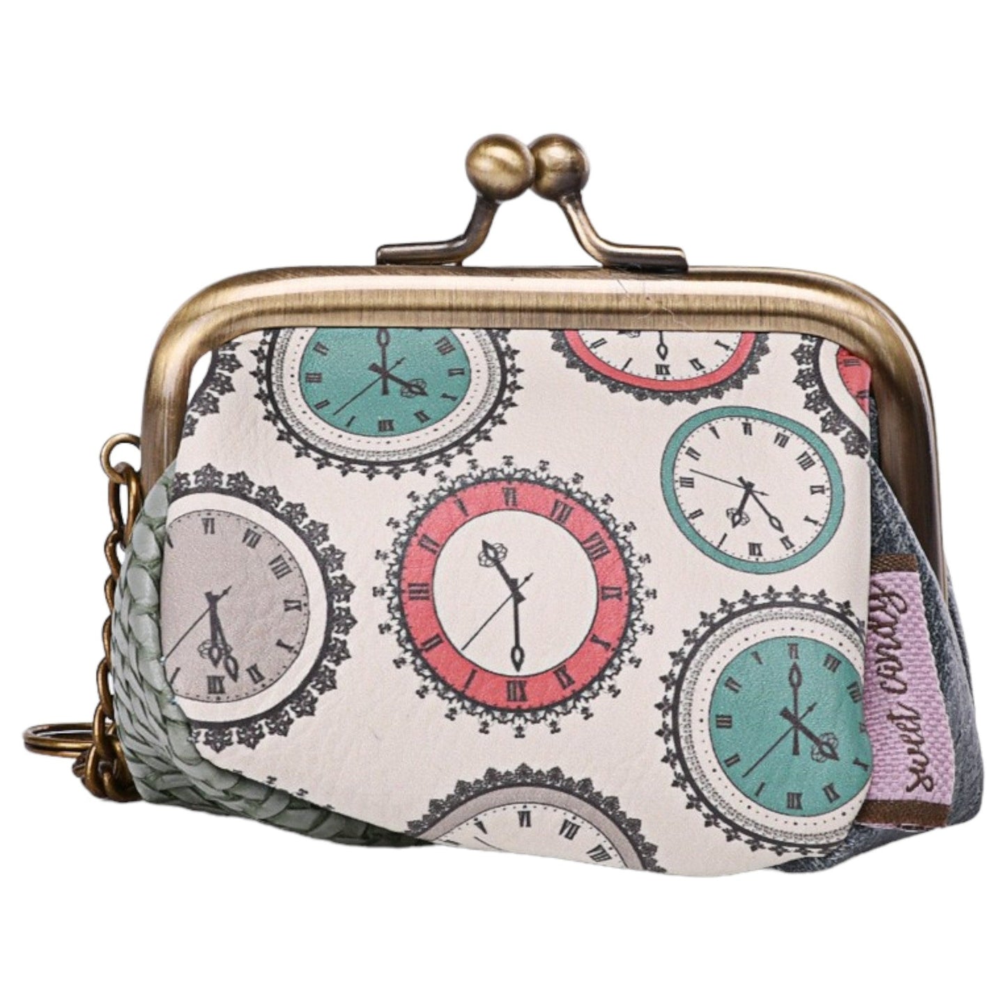 Vintage-Geldbörse mit Uhren-Muster, Metallbügelverschluss, rosa und türkis, Retro-Design, Portemonnaie für Damen