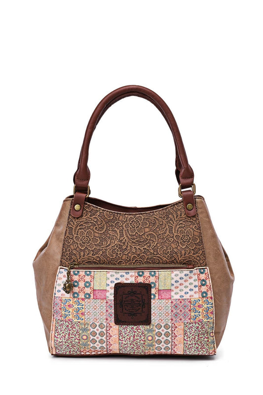 Vintage-Handtasche mit braunem Leder, Spitzenmuster und buntem Patchwork-Design, Reißverschluss und Henkel