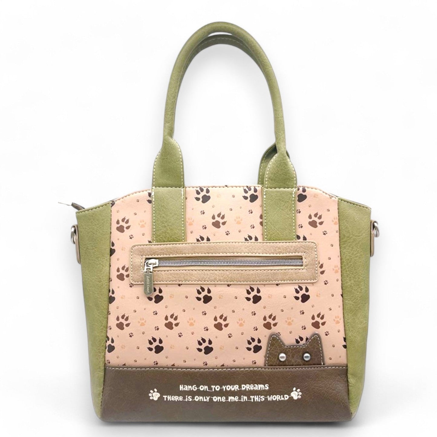 Vintage Handtasche mit Pfotenmuster, grünen Griffen und Aufschrift 'Hang on to your dreams' in Braun und Rosa