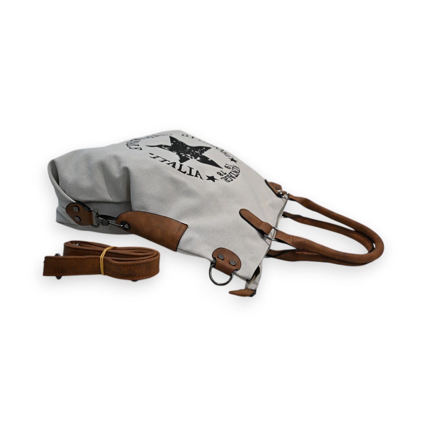 Vintage Handtasche aus grauer Leinwand mit Italia-Aufdruck, Ledergriffen und abnehmbarem Schulterriemen, Retro-Design