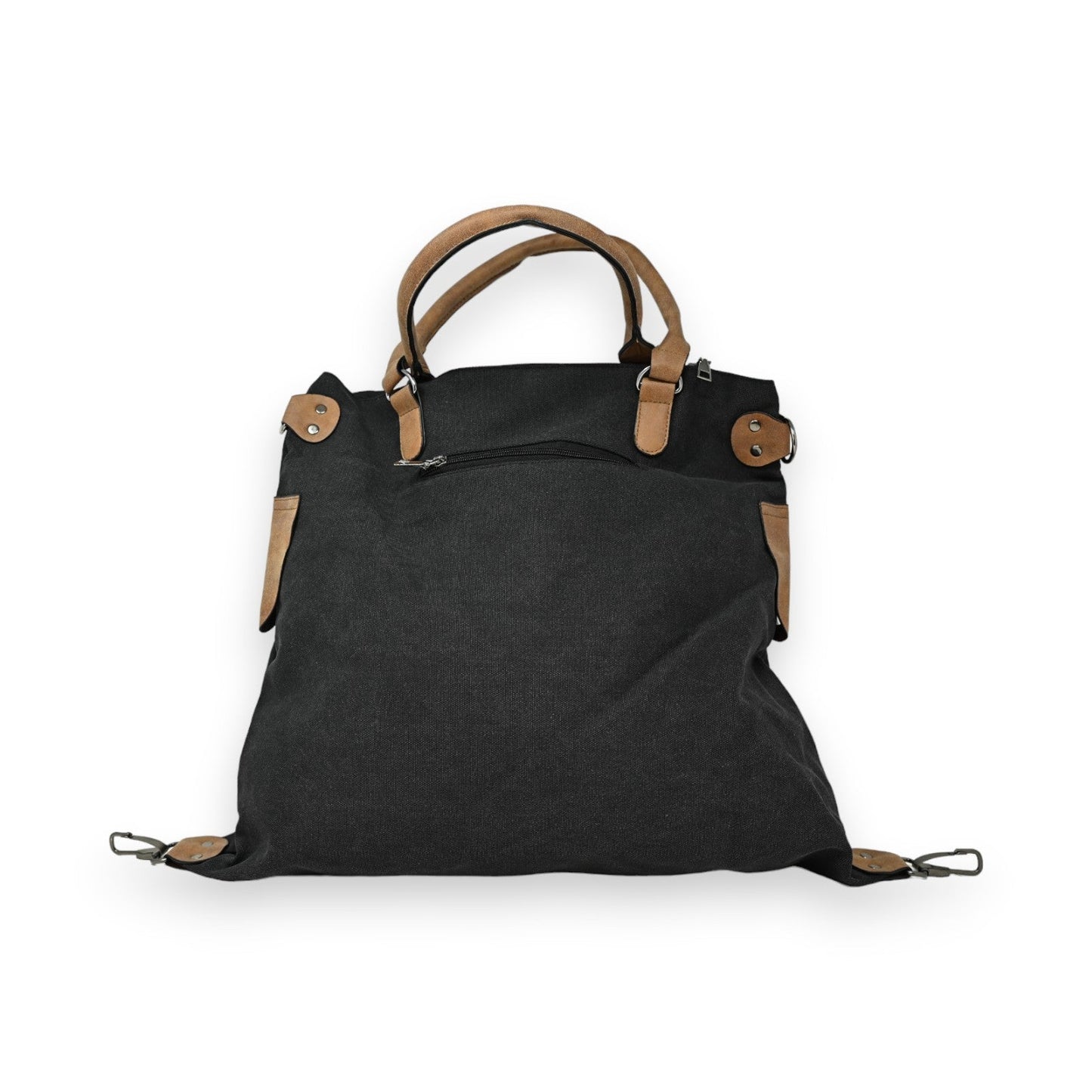 Schwarze Vintage-Handtasche mit braunen Lederdetails, Reißverschluss und Tragegriffen, elegant und geräumig