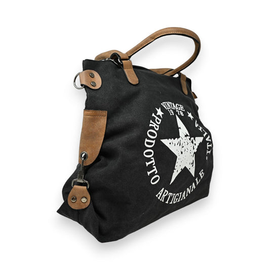 Schwarze Vintage-Handtasche mit weißem Stern-Logo, braunen Ledergriffen und 'Prodotto Artigianale' Schriftzug