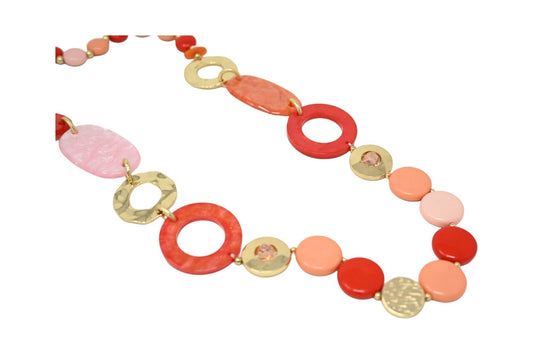 Vintage Halskette mit runden Elementen in Rot, Orange und Gold, längenverstellbar, mit verschiedenen Formen und Texturen
