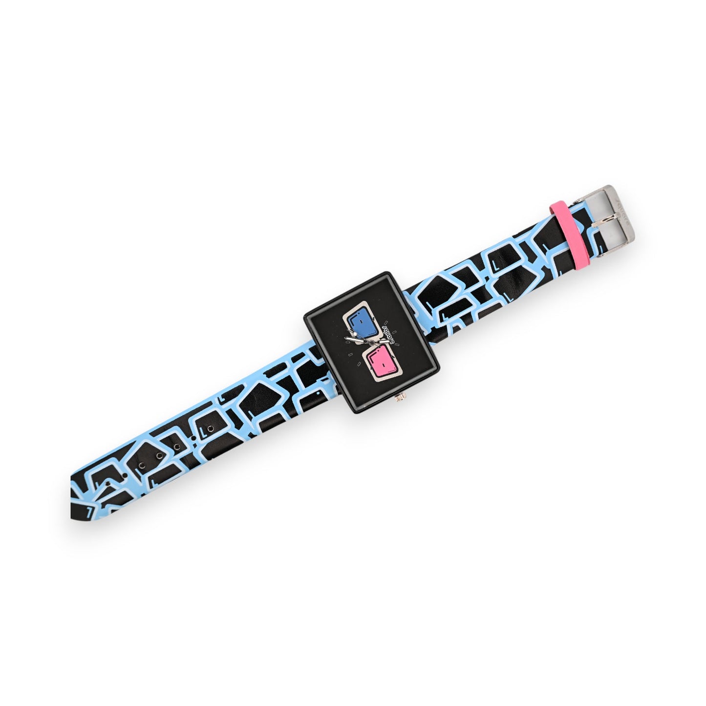 Retro-Armbanduhr mit quadratischem Zifferblatt, blau-schwarzem Muster auf Band und pinken Akzenten
