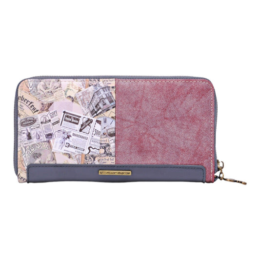 Vintage-Portemonnaie mit Zeitungscollage und rotem Leder, Reißverschluss, grauer Akzent, elegantes Design