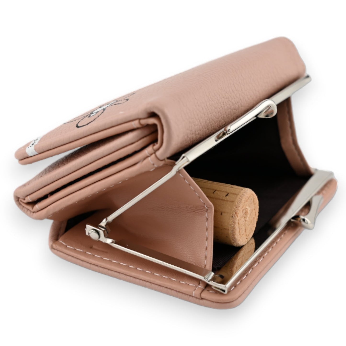 Kompaktes rosa Lederportemonnaie mit Metallverschluss, geöffnet zeigt es ein Münzfach mit Korkauskleidung