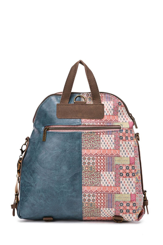 Stilvoller Rucksack mit blauem Leder und buntem Mosaikmuster, braune Griffe, Reißverschlüsse und Schulterriemen