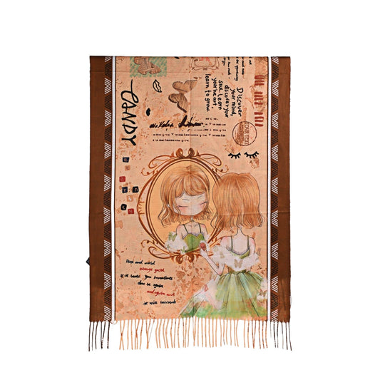 Vintage-Schal mit Illustration zweier Mädchen, Blumenmuster und Schriftzügen, braun umrandet mit Fransen