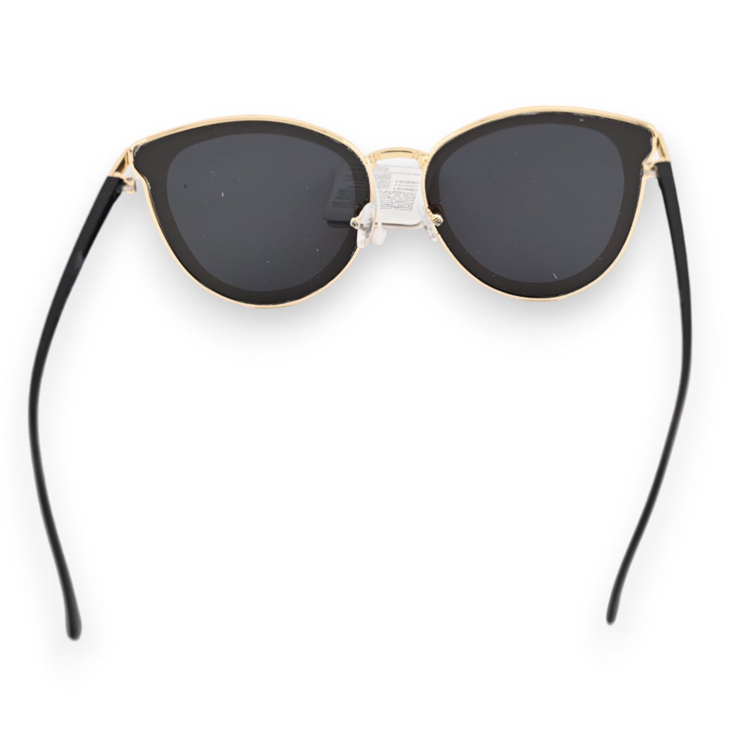 Vintage-Sonnenbrille mit goldenem Rahmen, schwarzen Gläsern und Bügeln, Cat-Eye-Form, elegantes Design
