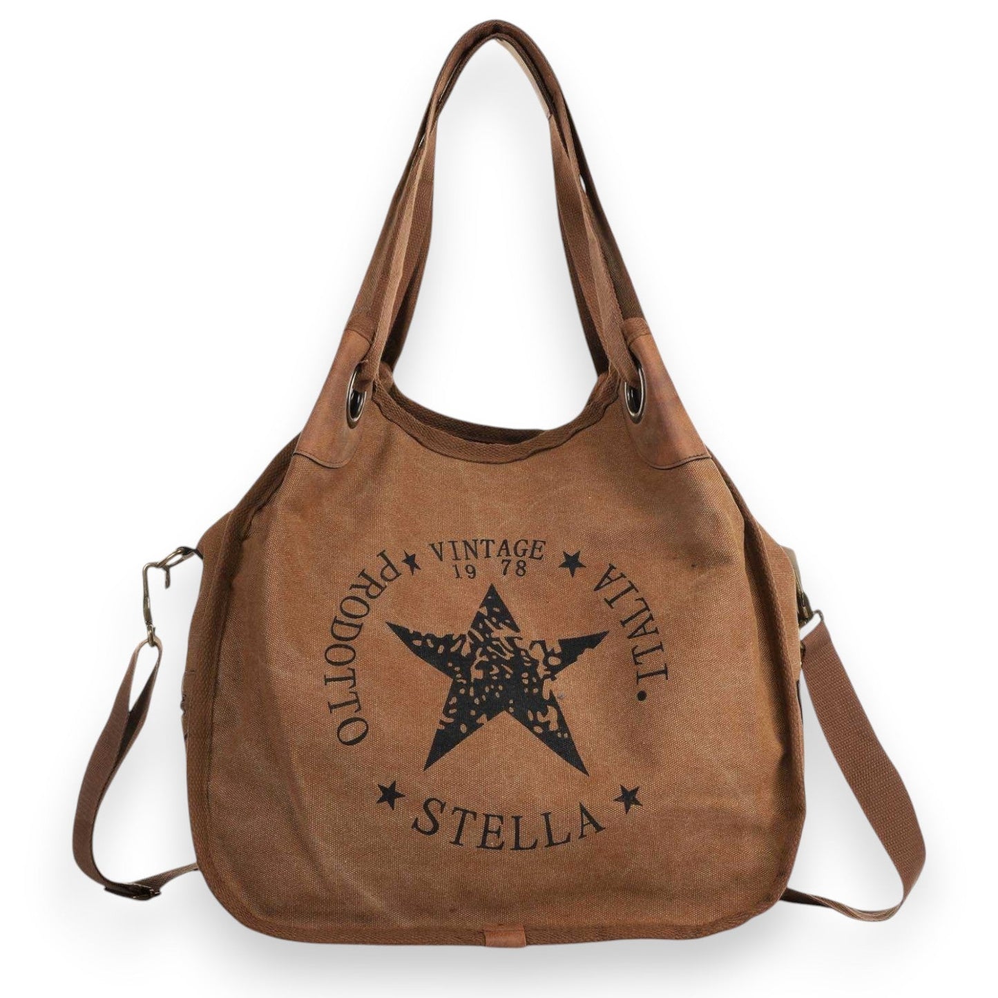Vintage Stella Handtasche in Kamelbraun mit Sternenmuster, Canvas-Schultertasche im Retro-Stil, 1978 Vintage-Design