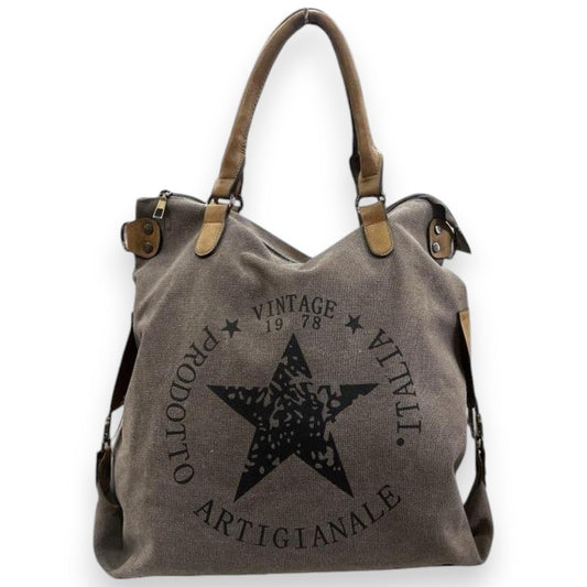 Graue Vintage-Stofftasche mit Sternenlogo, Schriftzug 'Vintage 1978' und 'Artigianale', Ledergriffe, Reißverschluss