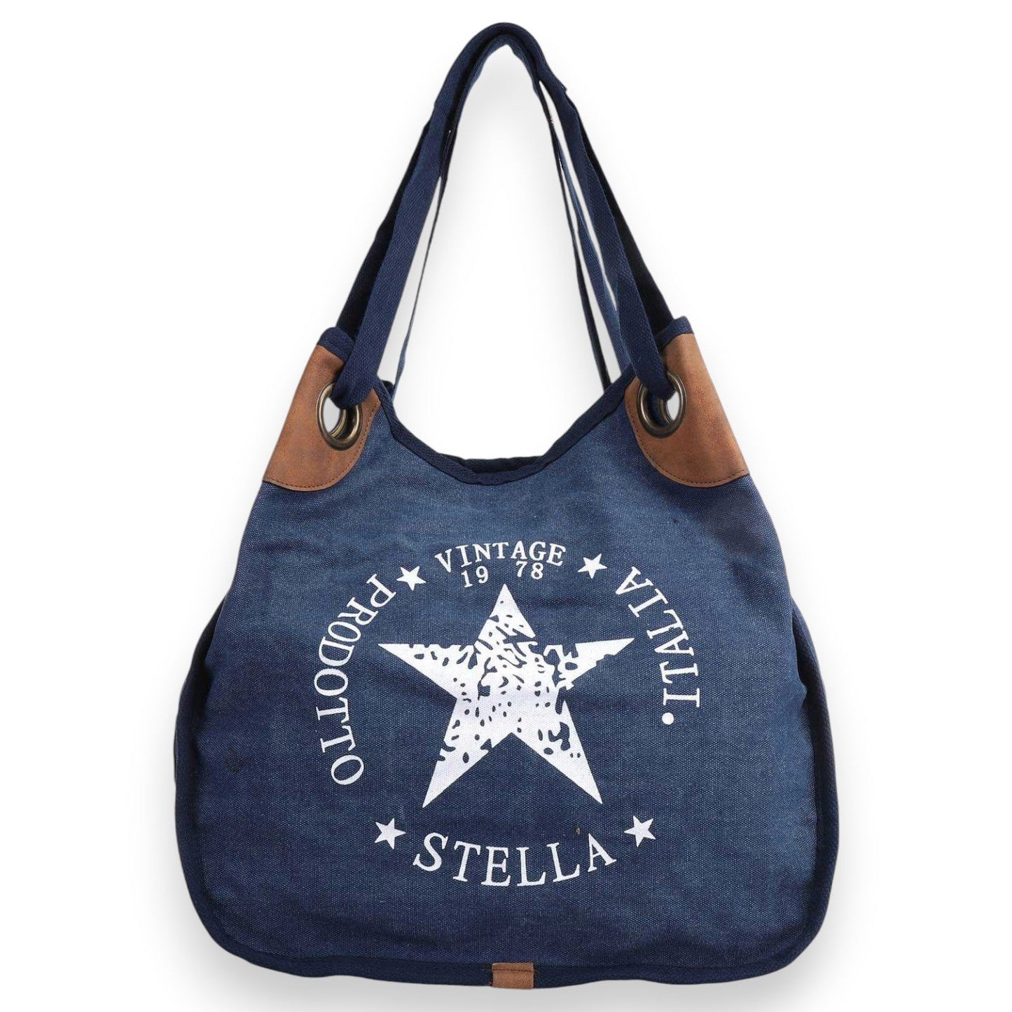Marineblaue Vintage-Tasche Stella mit weißem Stern-Logo, Schultergurt und braunen Lederakzenten, im Stil von 1978