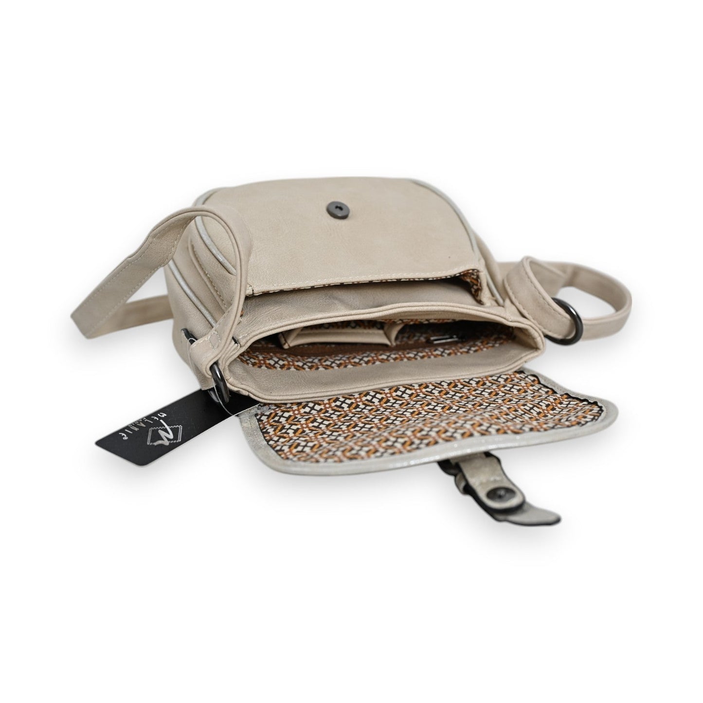 Beige Vintage Umhängetasche Mélanie Paris mit geöffneten Fächern, Schulterriemen und gemustertem Innenfutter