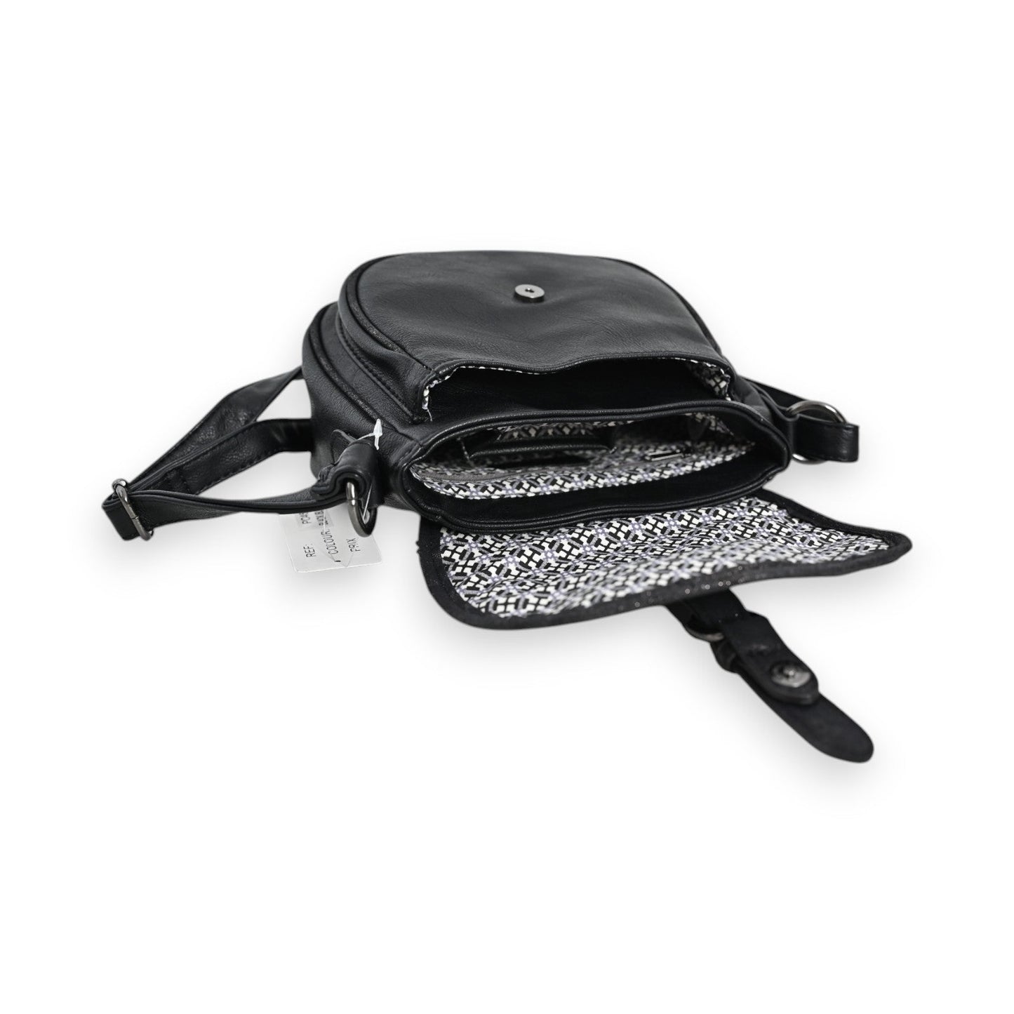 Schwarze Vintage-Umhängetasche Mélanie Paris, geöffnet mit gemustertem Innenfutter und verstellbarem Schulterriemen