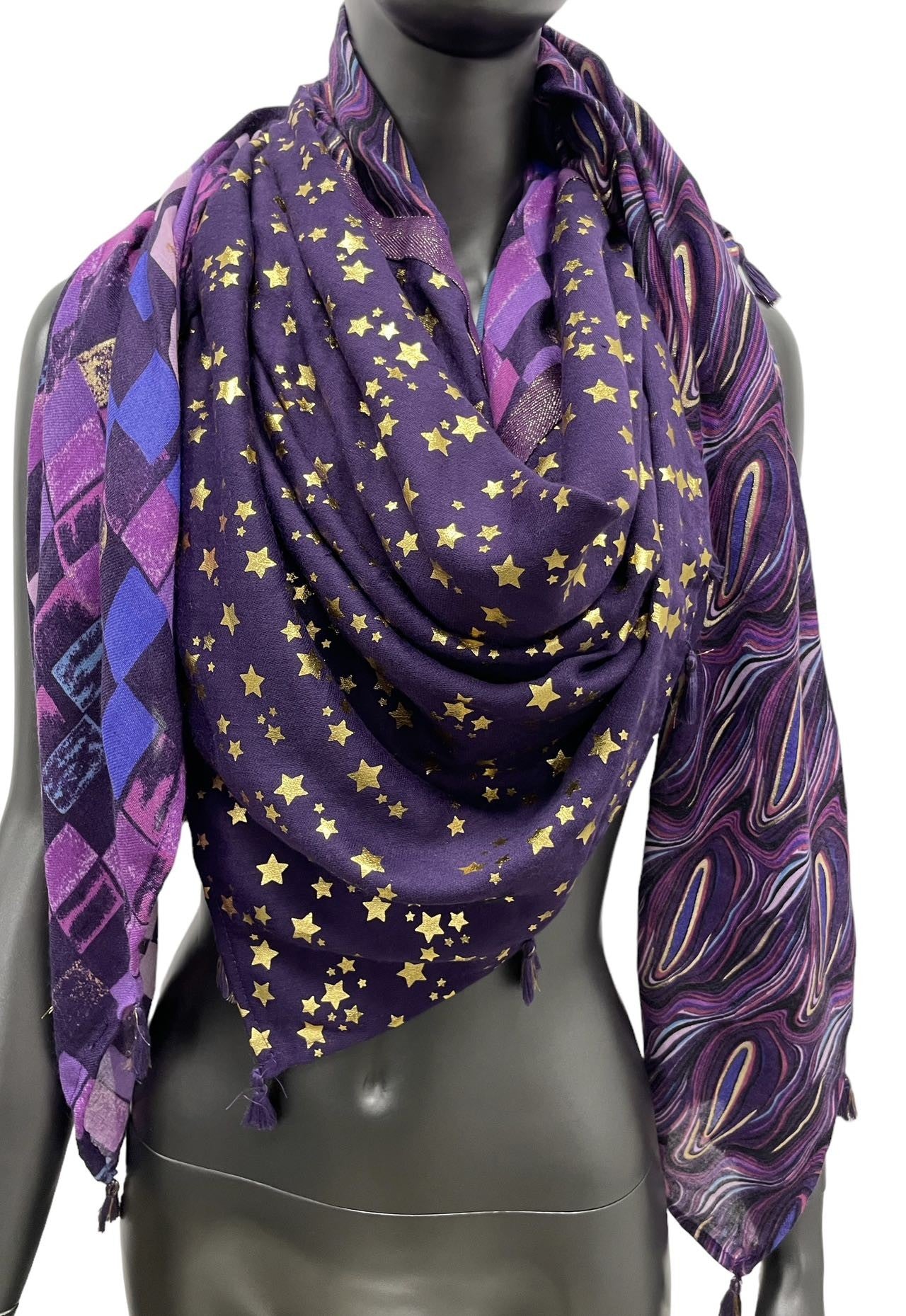 Violetter Patchwork-Schal Sternenhimmel Kosmos 4-in-1