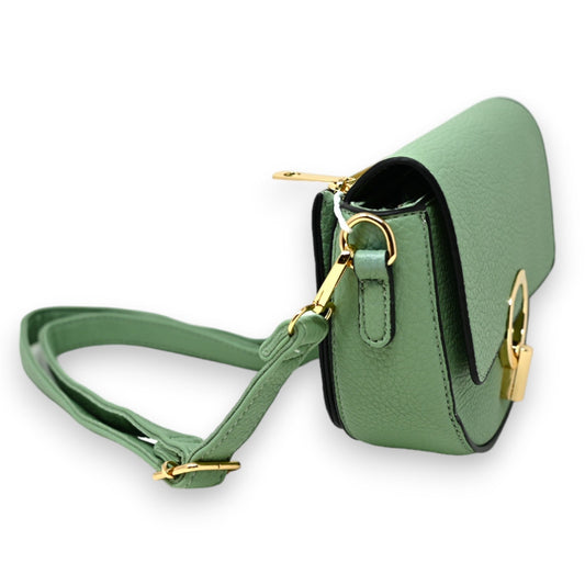 Elegante hellgrüne Leder-Umhängetasche mit goldenen Beschlägen, seitlicher Ansicht und verstellbarem Riemen