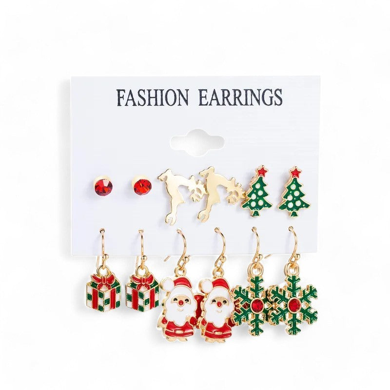 Set mit 6 Paar goldenen Weihnachts-Ohrsteckern: Rote Steine, Rentiere, Weihnachtsbäume, Geschenke, Weihnachtsmänner, Schne...