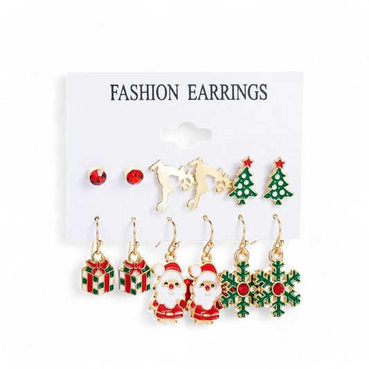 Set mit 6 Paar goldenen Weihnachts-Ohrsteckern: Rote Steine, Rentiere, Weihnachtsbäume, Geschenke, Weihnachtsmänner, Schne...