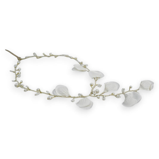 Filigrane Haarkrone mit weißen Blüten, Perlen und Kristallen - Eleganter Haarschmuck für Bräute