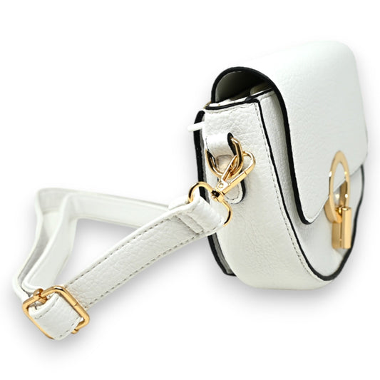 Elegante weiße Leder-Umhängetasche mit goldenem Verschluss und Akzenten, kleines Format, verstellbarer Riemen