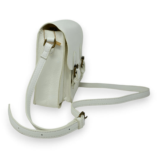 Weiße Leder-Aktentasche mit verstellbarem Schulterriemen, Schnallenverschluss und eleganter Form für Business-Anlässe