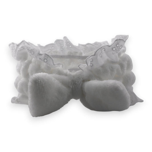 Weißer Schminkgürtel aus Spitze und Fell mit Schleife, feminines Accessoire für Braut oder Hochzeit