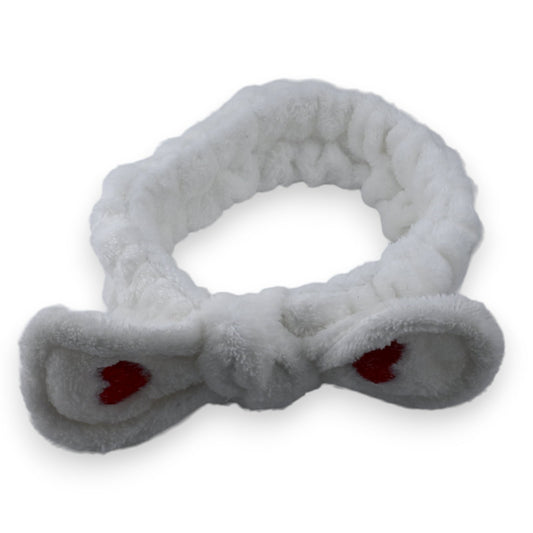 Weißes flauschiges Stirnband mit roter Herz-Schleife, Kosmetik-Haarband für Gesichtspflege und Make-up