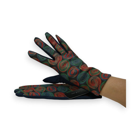 Wildleder-Handschuhe in Marineblau mit bunten Spiralmustern in Rot und Grün, elegantes Design für Damen