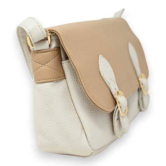 Elegante zweifarbige Schultertasche in Beige und Taupe mit Lederoptik und goldenen Metalldetails