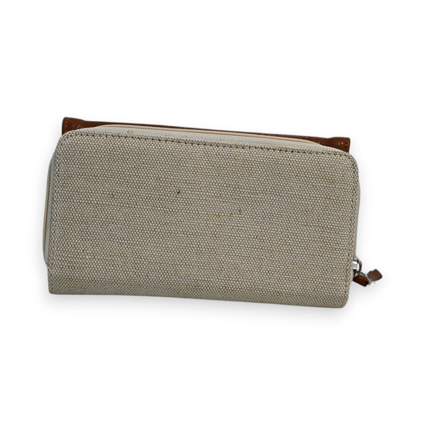 Zweifarbiges Portemonnaie aus Leinen und Leder in Beige und Camel mit Reißverschluss, elegantes Design von Mélanie Paris