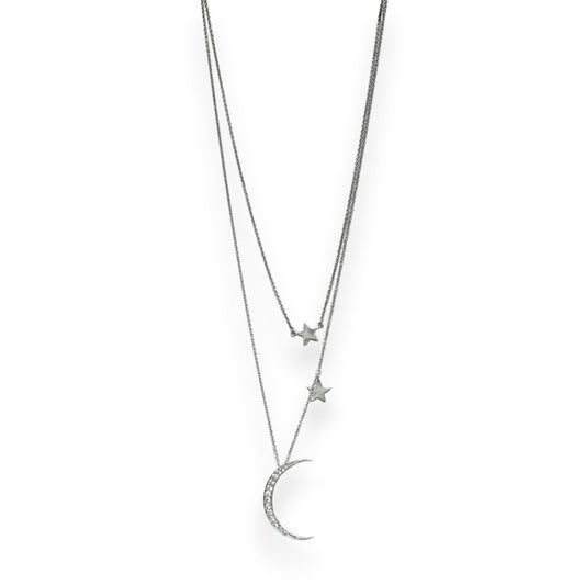 Zweireihige silberne Halskette mit zwei Sternen-Anhängern und einem Halbmond-Anhänger mit Kristallen besetzt