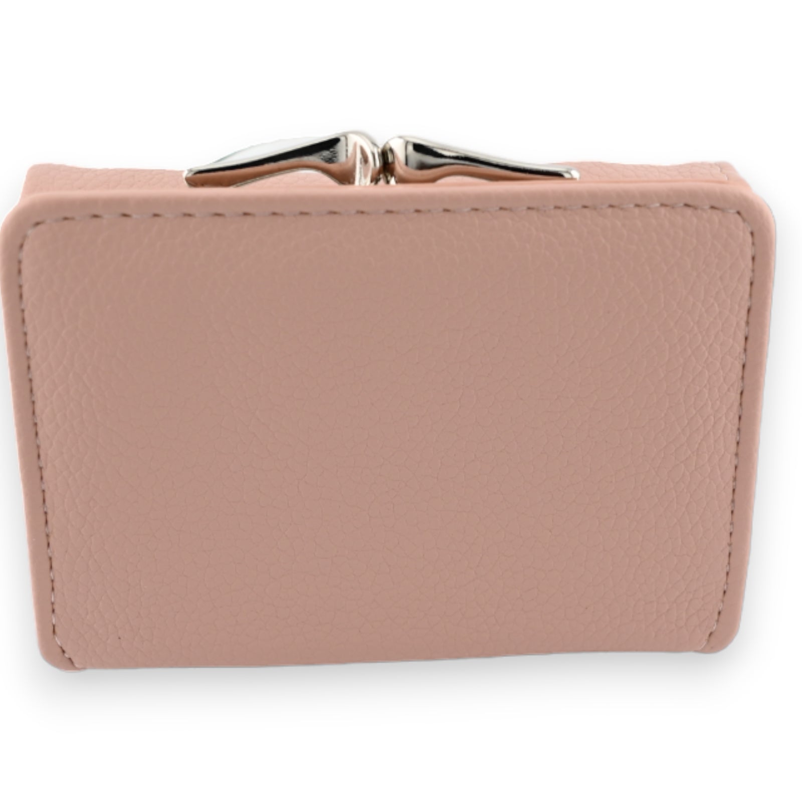 Kompaktes rosa Lederportemonnaie mit silbernem Knipsverschluss, sichtbarer Naht und eleganter, strukturierter Oberfläche
