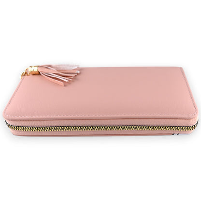 Rosa Leder-Portemonnaie mit Reißverschluss und Quaste, elegant und kompakt, perfekt für alltägliche Verwendung