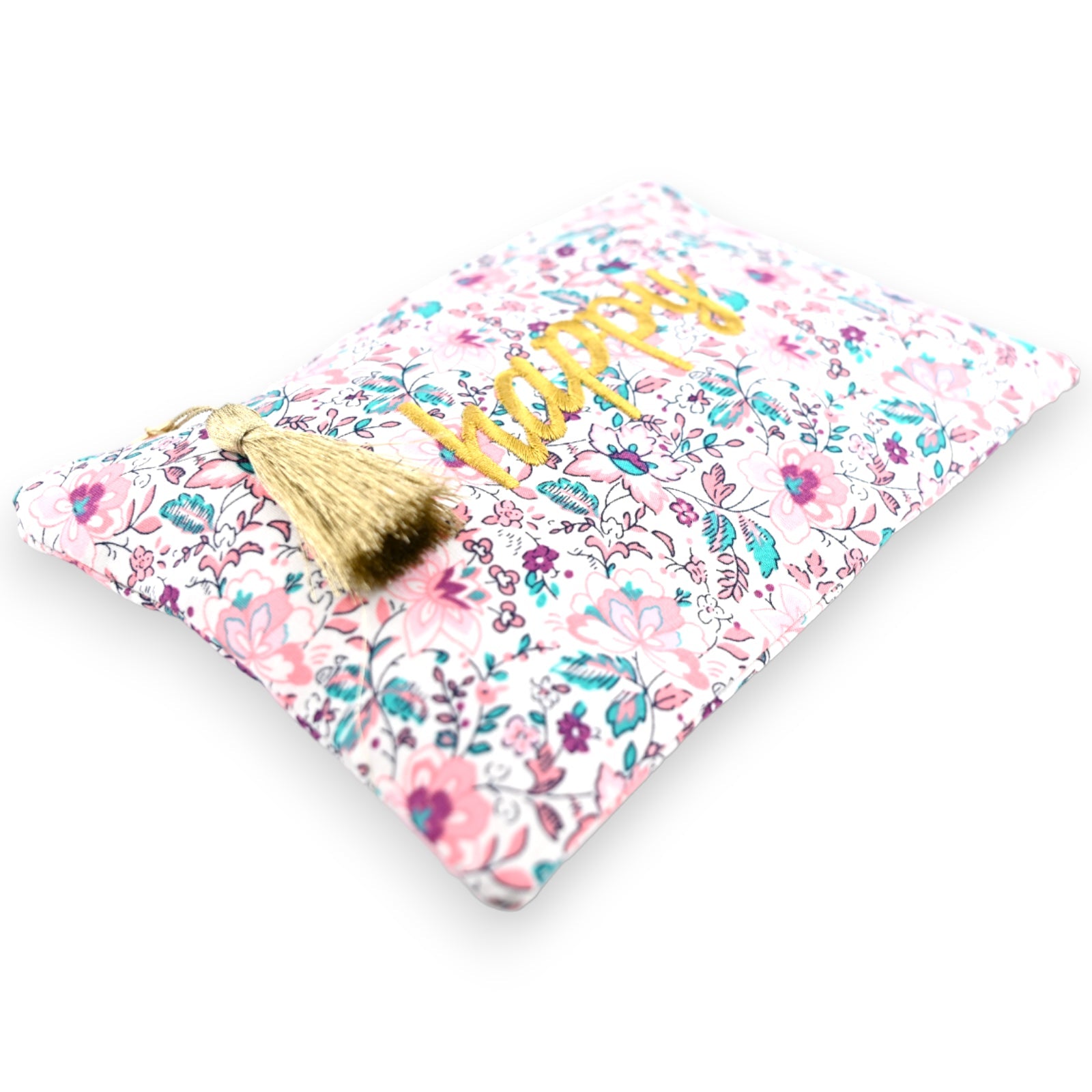Bunte Blumentasche mit goldener 'Happy'-Aufschrift und Quaste, in Rosa, Blau und Braun, aus Baumwolle