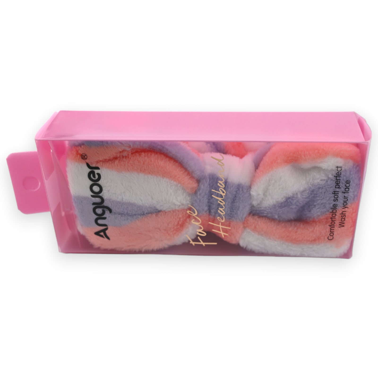 Angvver Frottee-Stirnband in Pink, Weiß und Lila, verpackt in einer rosa Kunststoffbox für Gesichtspflege und Make-up