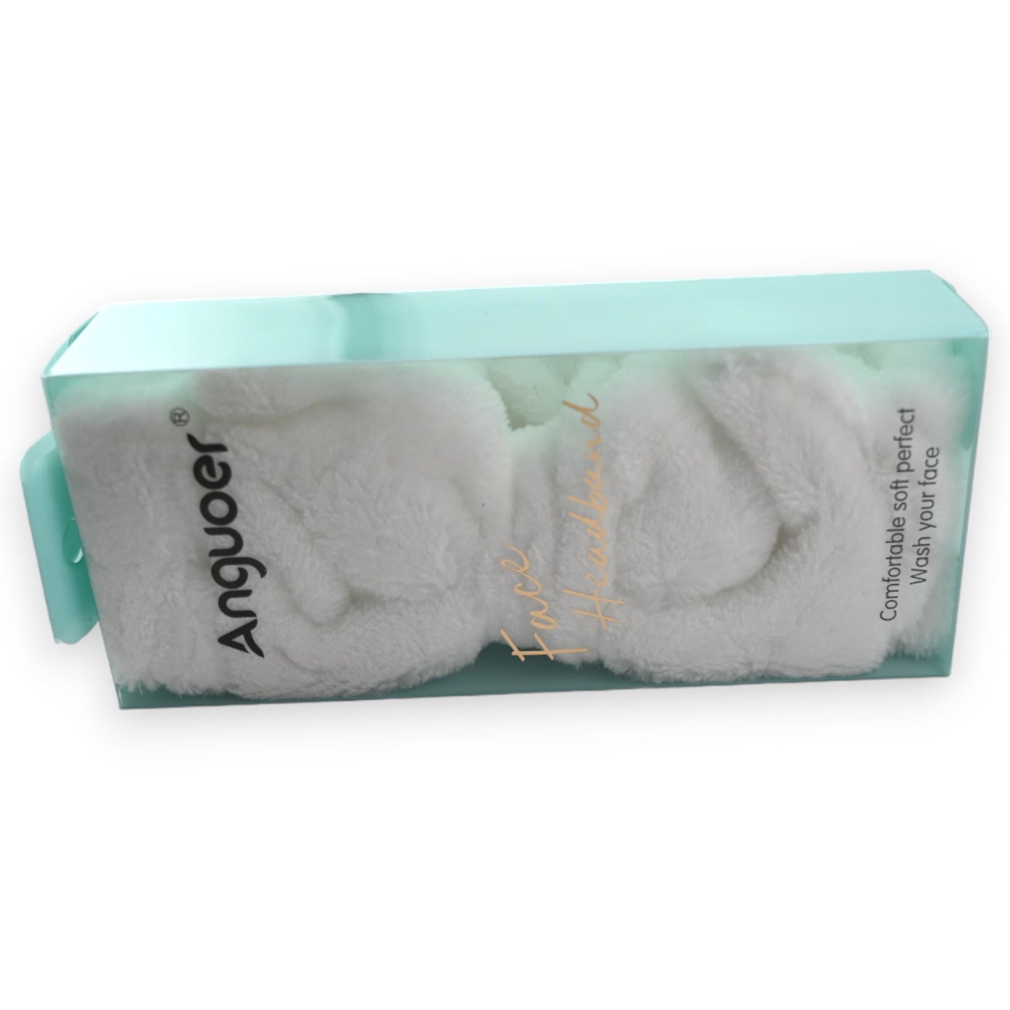 Weißes flauschiges Stirnband von Anjoer für Gesichtspflege, in türkisfarbener Verpackung mit goldener Aufschrift