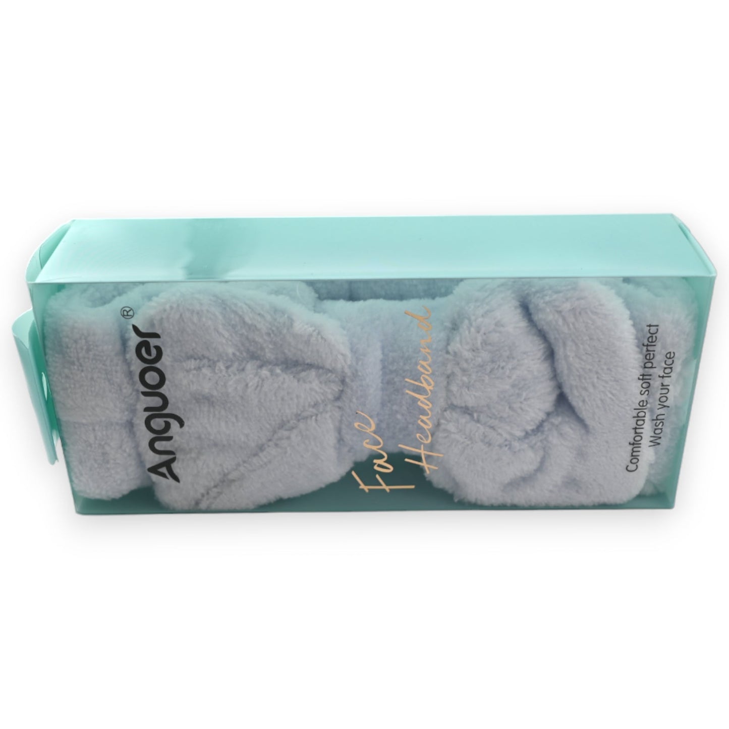 Flauschiges graues Stirnband von Anguoer in türkisfarbener Verpackung, ideal für Gesichtspflege und Make-up