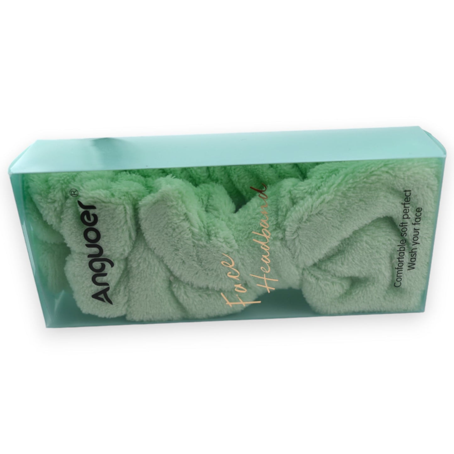 Mintgrünes Stirnband von Angoer für Gesichtspflege, in Geschenkbox verpackt. Weiches Plüschmaterial zum Waschen