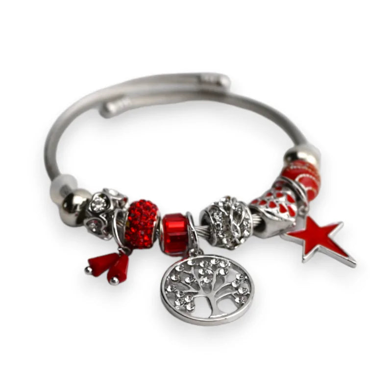 Starres rotes und silbernes Charm-Armband Lebensbaum