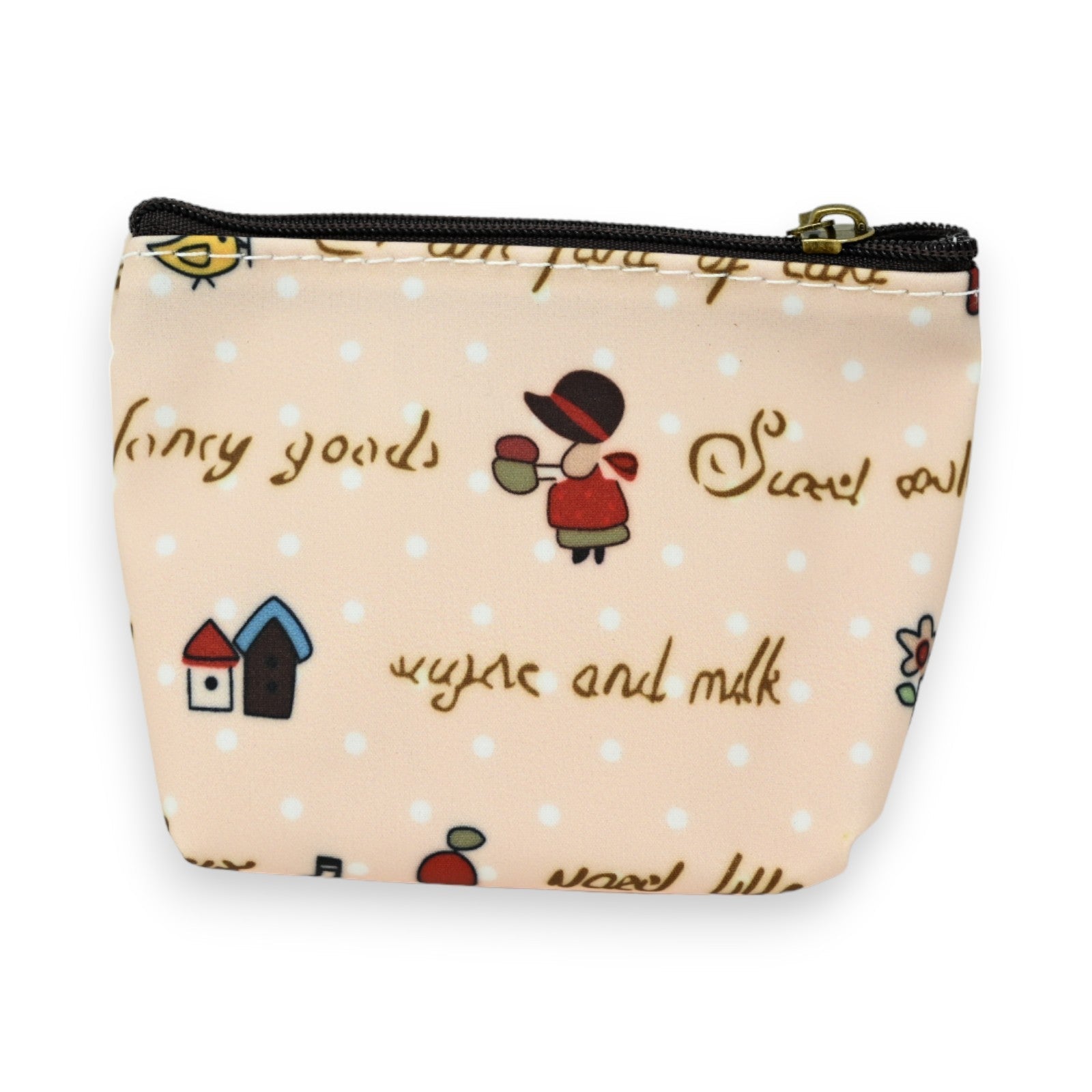 Kleine Geldbörse mit Reißverschluss, beige mit niedlichen Illustrationen und Schrift, Punktmuster und Hauszeichnungen