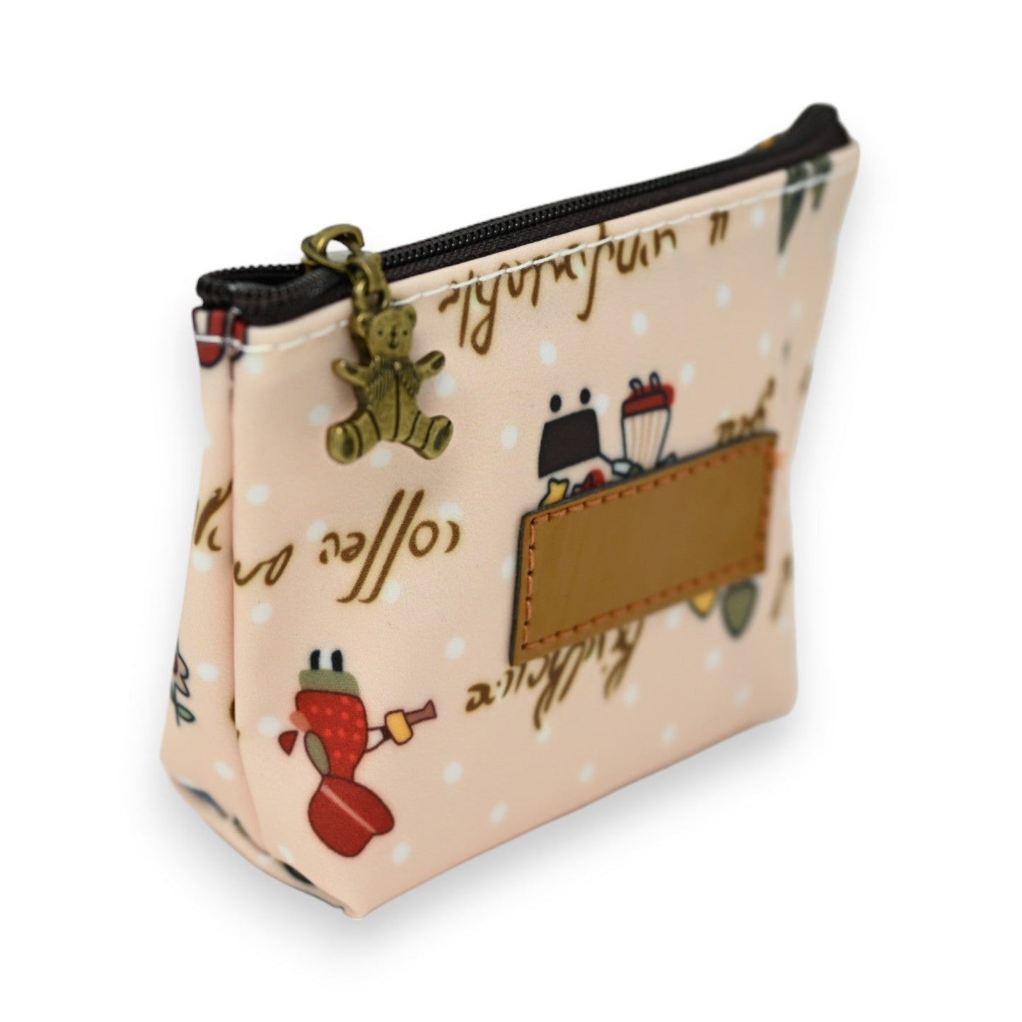 Kleine Geldbörse mit Reißverschluss, beigem Muster, Teddybäranhänger und Kaffee-Motiven, perfekt für Kaffeeliebhaber