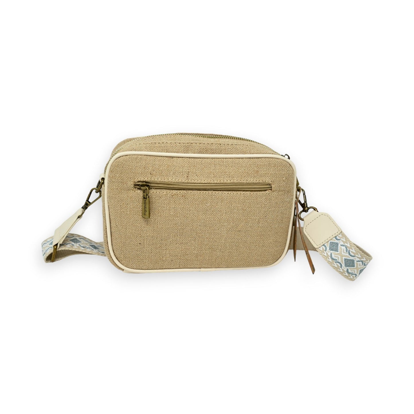 Beige Schultertasche aus Leinen mit Reißverschluss, Fronttasche und gemustertem Trageriemen, ideal für den Alltag